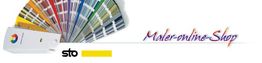 Farbpalette mit "Maler-online-Shop", Logo von Sto und gelbem Streifen.