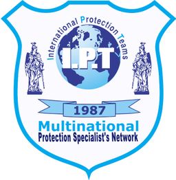 Wappen von I.P.T. mit Weltkugel, römischen Figuren und Schriftzug "Multinational Protection".
