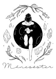 Sort-hvid illustration af kvinde i måne, omgivet af blomster og krystaller. Tekst: "Månesøster".