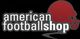 Logo mit Text "American Football Shop" und rotem Footballhelm auf schwarzem Hintergrund.