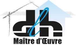 Logo avec un toit bleu et le texte « Maître d'Œuvre » en noir.