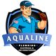 Cartoon plumber with "Aqualine" logo, offers plumbing, electrical, and air conditioning services.