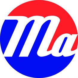 Rotes und blaues Logo mit weißem, geschwungenem "Ma"-Schriftzug.