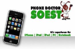 Handy-Werbung mit Handy, Text „Phone Doctor Soest“, Reparaturservice für elektronische Geräte.