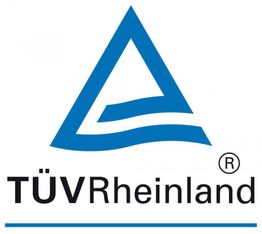 Logo von TÜV Rheinland, bestehend aus einem blauen Dreieck mit geschwungenen Linien darunter.