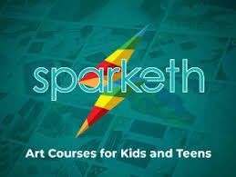 Logo with "sparketh" and "Art Courses for Kids and Teens" text on colorful background.