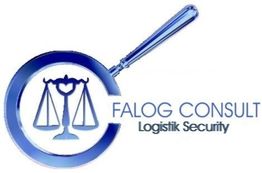 Logo mit einer Waage in einer Lupe, daneben Text: Falog Consult Logistik Security.