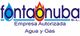 Logo de Fontaonuba S.L., empresa autorizada de agua y gas, con iconos de agua y fuego.