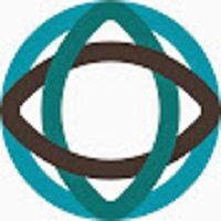 Symbool met turquoise en bruine ringen die elkaar kruisen in een cirkel.