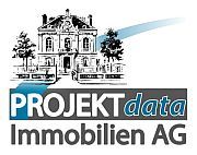 Logo der PROJEKTdata Immobilien AG mit Gebäudeillustration.