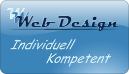 Blaues Logo mit "Web Design", "Individuell", "Kompetent" und stilisierten Buchstaben.