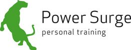 Grünes Panther-Logo mit Text "Power Surge personal training" in Schwarz.