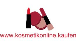 Makeup-Produkte und Text "www.kosmetikonline.kaufen" in roter Schrift.