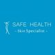 Logo of Safe Health Skin Specialist on a blue background.