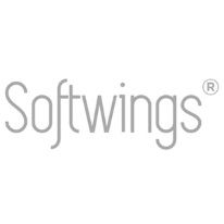 Der Schriftzug "Softwings" in grauer Farbe mit einem eingekreisten R-Zeichen oben rechts.