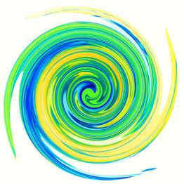 Abstrakter Wirbel in Gelb, Blau und Grün, der einen dynamischen, spiralförmigen Effekt erzeugt.
