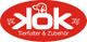 Rotes Logo mit Schriftzug "kok", Hundesilhouette und Text "Tierfutter & Zubehör".