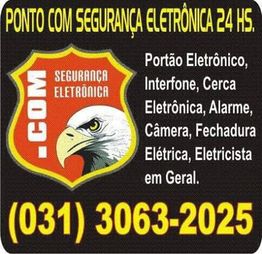 Imagem com serviços de segurança eletrônica 24h e contato telefônico: (031) 3063-2025.