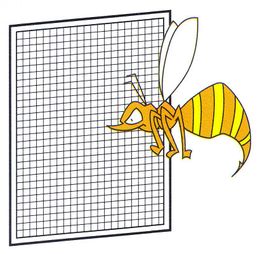 Zeichnung einer Biene mit gelben Streifen neben einem karierten Blatt Papier.