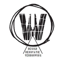 Logo met de letter W en tekst: "Design, Renovatie, Verbouwing" in zwart-wit.