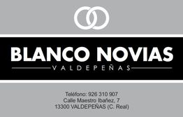 Tarjeta de "Blanco Novias Valdepeñas" con dirección y teléfono de contacto.