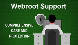 Webroot Support graphic with a person at a computer, shield icon, and text on care and protection.