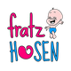 Lachendes Baby in blauer Hose, daneben der Schriftzug "fratz HOSEN" in Rosa und Blau.