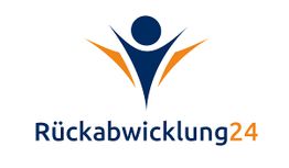Logo mit blauer Figur und Text "Rückabwicklung24" in Blau und Orange.