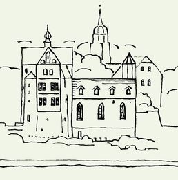 Strichzeichnung einer mittelalterlichen Burg mit Türmen und Zinnen, Wolken im Hintergrund.