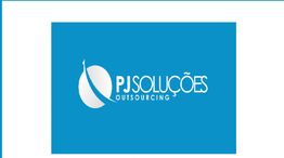 Logo da PJ Soluções Outsourcing em fundo azul com um design abstrato em branco.