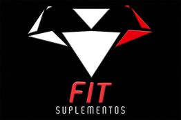 Logotipo da Fit Suplementos com formas geométricas em vermelho, preto e branco.
