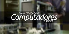 Texto: "Manutenção de Computadores e Redes", fundo técnico desfocado.