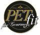 PETfit-Logo mit goldenem Schriftzug, darunter "für Gourmets". Schwarzer Hintergrund.