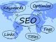 SEO diagram with terms: Keywords, Optimize, Tags, Links, Titles, over a world map background.