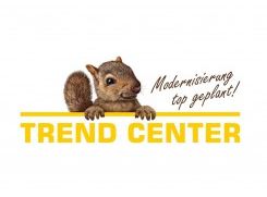 Eichhörnchen über gelbem "TREND CENTER" Schriftzug, Text: "Modernisierung top geplant!".