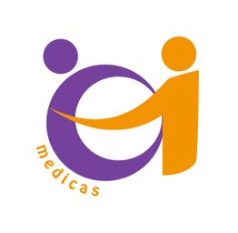 Zwei stilisierte Figuren in Lila und Orange umarmen sich. Text: "medicas".