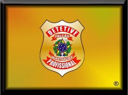 Logo em formato de distintivo para "Detetive Falcão Investigações Profissional" em fundo amarelo.