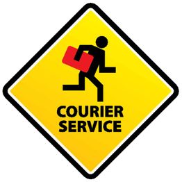 Gelbes Schild mit Symbol für Kurierdienst: Eine Figur läuft mit einem roten Paket.