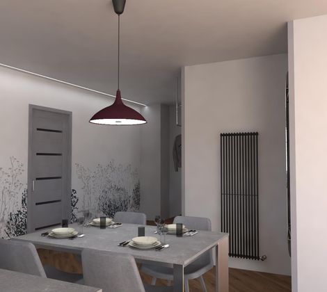 Sala da pranzo moderna con tavolo apparecchiato, lampada sospesa e decorazioni floreali sul muro.