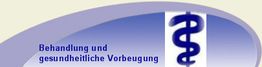 Blaues Äskulapstab-Symbol neben Text "Behandlung und gesundheitliche Vorbeugung".