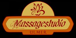 Logo mit der Aufschrift "Massagestudio Ulmer", verziert mit einem stilisierten Blütenmotiv.
