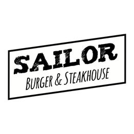 Logo "Sailor Burger & Steakhouse" com texto em preto sobre fundo branco.