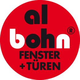 Roter Kreis mit weiß-schwarzem "al bohn" und Text "FENSTER + TÜREN" in der Mitte.