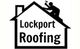 Silhouette of person roofing a house with "Lockport Roofing" text inside.
