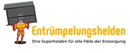 Superheld hebt Container, Text: "Entrümpelungshelden - Ihre Superhelden für Entsorgung".