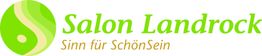 Logo von Salon Landrock mit grünem Symbol und Slogan "Sinn für SchönSein" in Gelb.