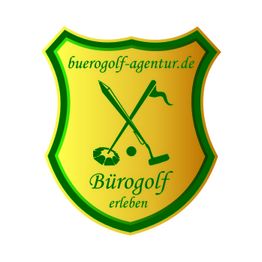 Goldenes Wappen mit Golfmotiven und Text: "buerogolf-agentur.de - Bürogolf erleben".