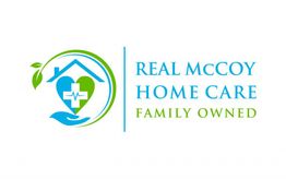 Logo: Heart with a cross and house, text "Real McCoy Home Care Family Owned" in blue and green.