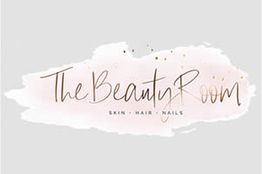 Tekst "The Beauty Room" op een roze aquarel achtergrond, met de woorden "skin, hair, nails".