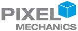 Logo von Pixel Mechanics in Grau mit blauem Würfel.
